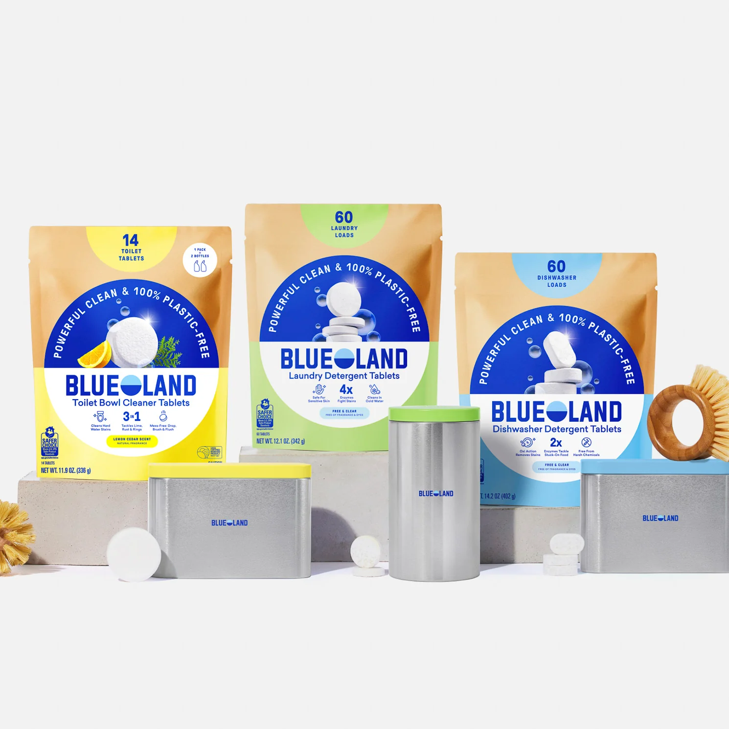 Three BlueLand cleaning products—Toilet Bowl Cleaner Tablets, Laundry Detergent Tablets, and Dishwasher Detergent Tablets—are displayed in colorful pouches behind matching refillable tins with scattered cleaning tablets and brushes.