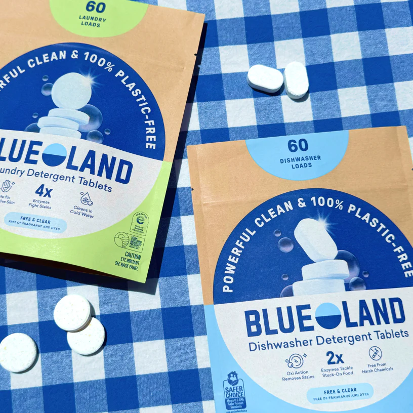 blueland cleaning tablets on a picnic blanket